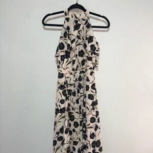 LC Lauren Conrad Tan Blue Floral Halter Dress Ruffle Wedding Guest Size 2